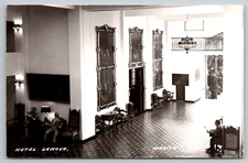 RPPC Hotel Genova Mexico Real Photo Vtg Postcard Interior Men Reading Newspaper