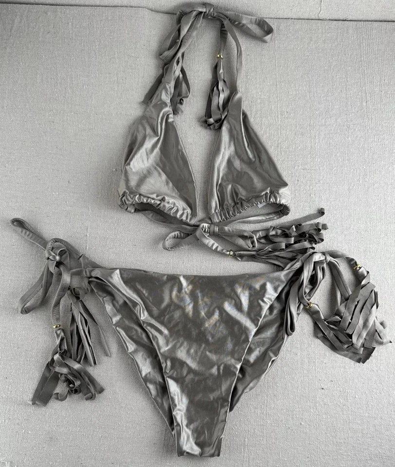 Montoya Metallic Silver/Gold Triangular Bikini Women’s Sz M-L Shiny Tassels Tie - Image 2 of 4