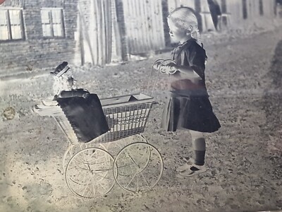 Old photo slide glass antique slide picture girl pram with doll around 1900