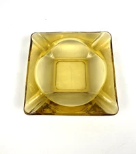 Vintage Mid Century Modern Glass AMBER Square Cigar Cigarette ASHTRAY 6” Large