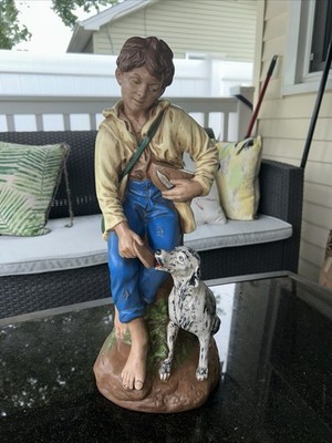 Vintage 70 s Holland Mold 17  Ceramic Figurine Boy Feeding Dog Bread Hand Paint