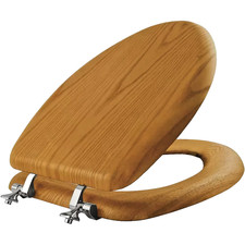 Elongated Wood with Chrome Hinge Toilet Seat in Natural Oak