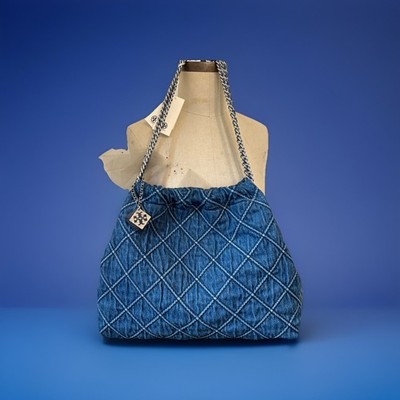 Tory Burch Fleming Denim Hobo Tote Handbag Women s Cotton Purse Summer NWT