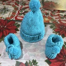 Hand Knitted Blue Acrylic Pom-Pom Hat  Booties Winter Set Unisex Baby Toddler
