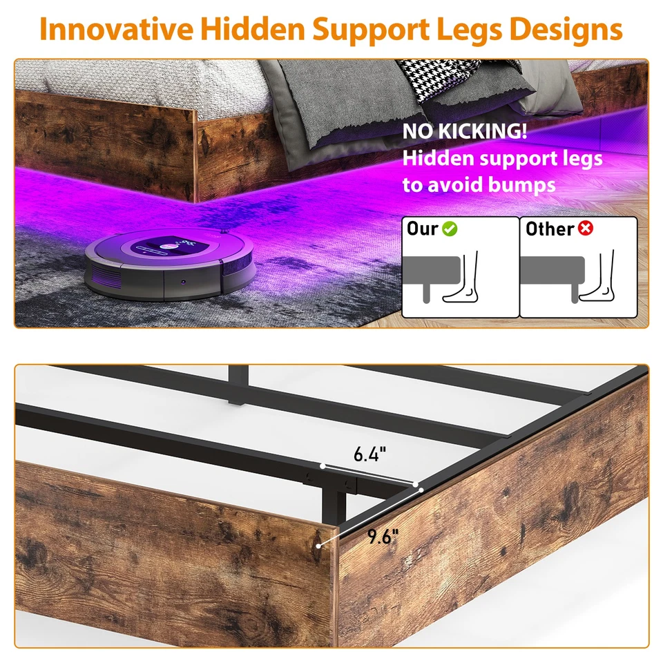 特大号浮动卧室床架带遥控器和LED灯金属 — 第 4/4 张图片