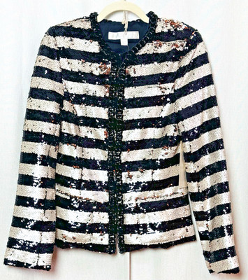 Boston Proper Sequin Black White Stripe Parisian Jacket Blazer Size 10 NWT NEW