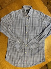 David Donahue Dress Shirt 16 34/35 Trim Blue Plaid French Cuff Cotton