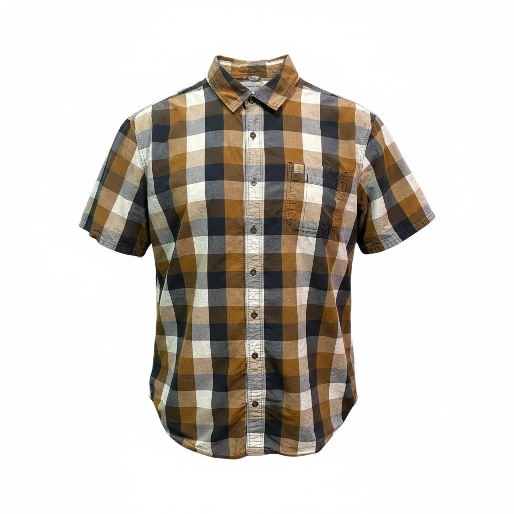Carhartt 103551 Plaid Shirt Mens 3XL Brown Blue Short Sleeve Work Pocket