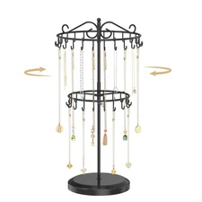 MODOWEY Rotating Necklace Holder Organizer Display Stand with 42 Hooks, 2 Tie...