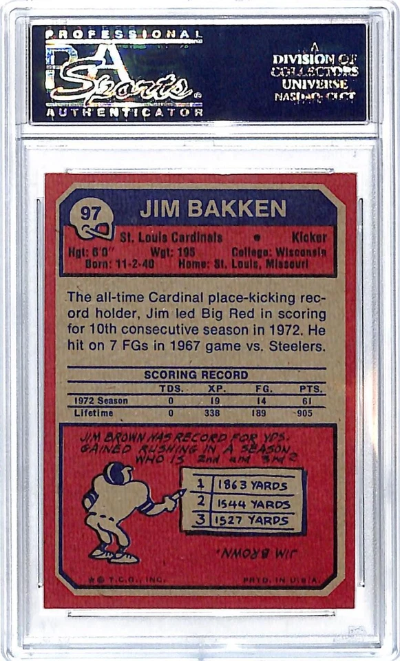 1973 Topps #97 Jim Bakken St. Louis Cardinals Football Card PSA 9 MINT ID:45399 - Image 2 of 2