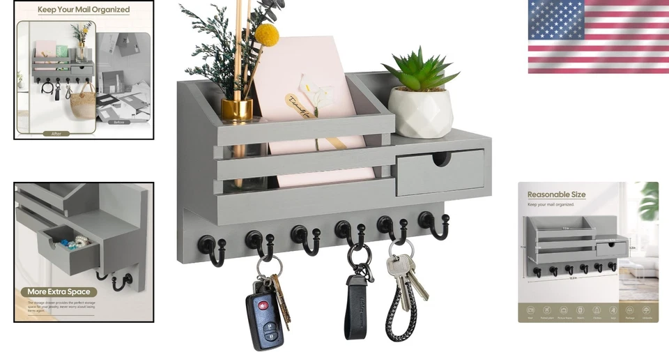 Rustic Key and Mail Holder Wall Organizer with 6 Hooks & Storage Drawer - A-Grey - Image 2 of 4