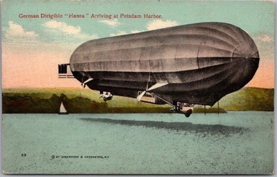 c1910s Early Aviation Postcard German Dirigible HANSA Arriving at Potsdam Harbor