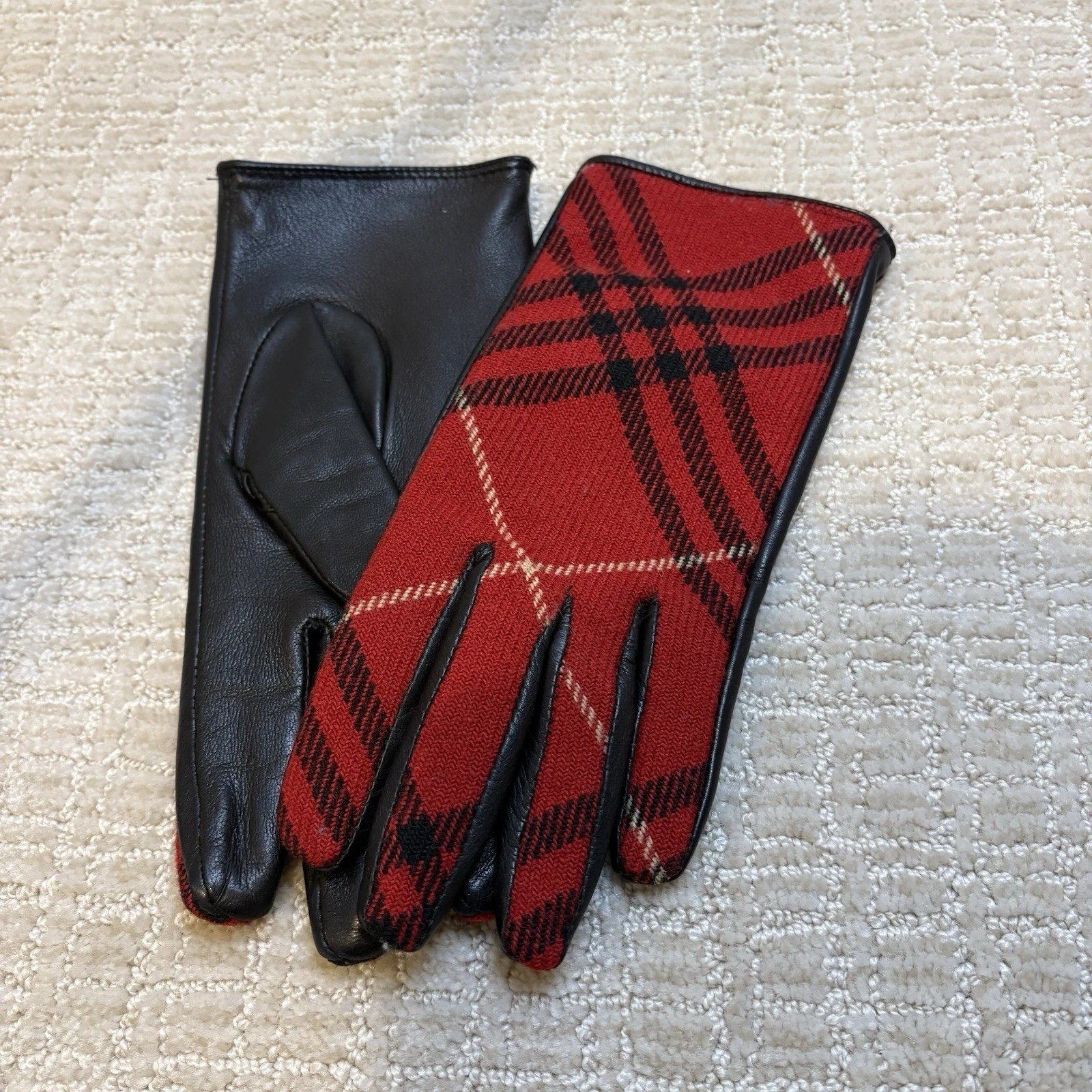 Burberry London Plaid Wool Leather Gloves Womens 7.5 Red Black Good Mixed Media