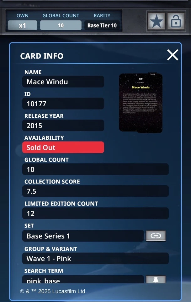 Star Wars Card Trader Mace Windu PINK 10cc 2015 Wave Digital -  SWCT - Sold Out - Image 3 of 3