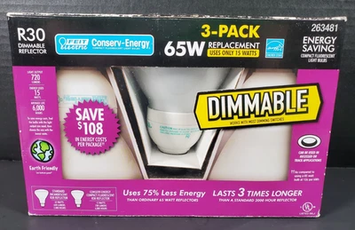 FEIT ELECTRIC Conserv Energy R30 Dimmable Reflector CFL Bulbs 65W 15W 3 Pack NEW - Image 1 of 4