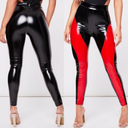 Da Donna Nero PU Vita Alta Skinny in Vinile Lucido Wet Look Leggings Pantaloni  Pantalone | eBay