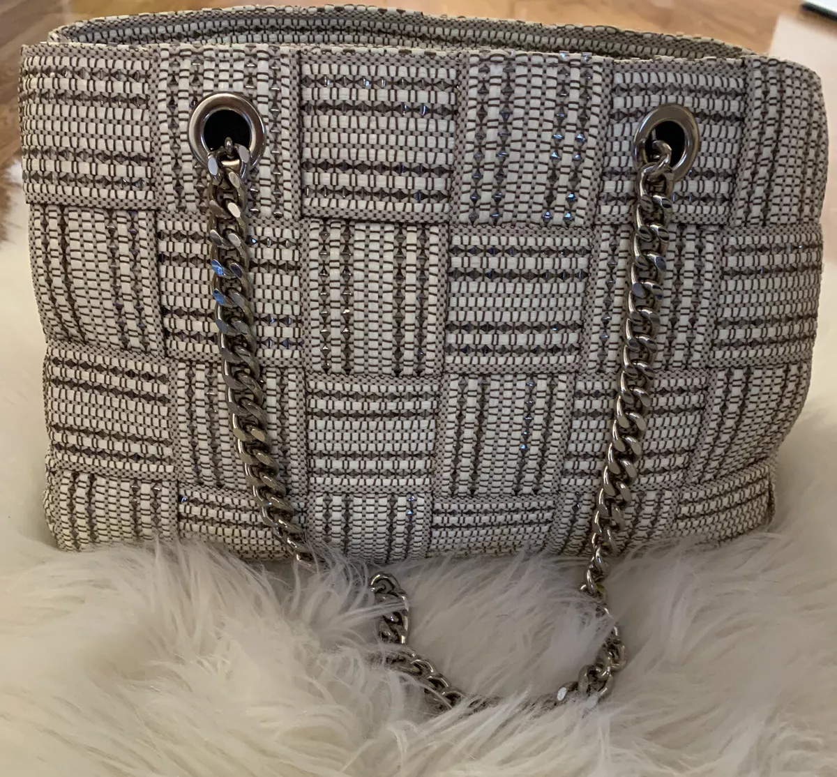 Alma Tonutti Silver and Tan Woven Handbag-Italian Made with Silver Chain  Straps