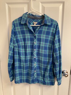 TALBOTS Womens Sz X Petite Button Up Shirt Plaid Long Sleeve Blue 100% cotton