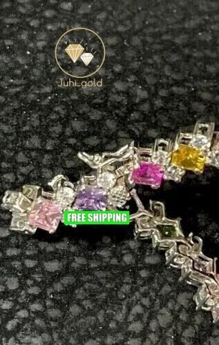 14K White Gold Plated 8CT Princess Simulated Multi Color Diamond Tennis Bracelet - Image 2 of 4