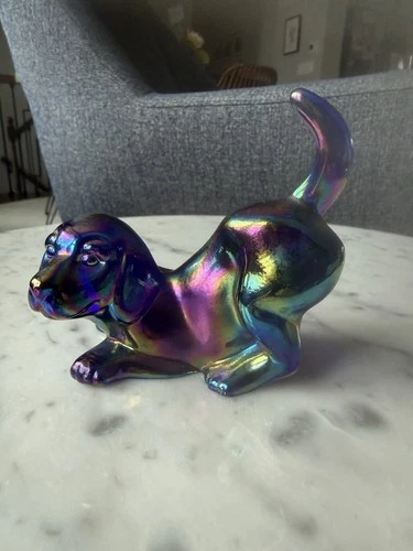 Fenton Art Glass Dog Figurine Carnival Cobalt Blue Iridescent