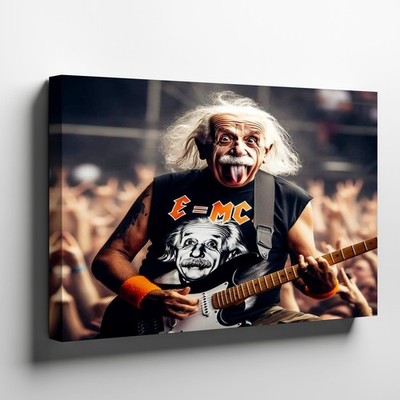 Funny Einstein Rocker Playing Electric Guitar Canvas Wall Art Science Music Gift