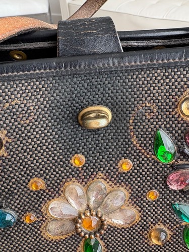 Enid Collins Vintage Jeweled Garden Purse Canvas, Wood, Leather Signed Texas - Picture 2 of 21