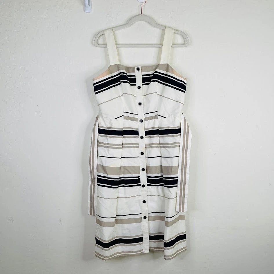 Karen Millen Button Front A Line Tank Sundress Cotton Striped Preppy Size 10 - Image 3 of 4
