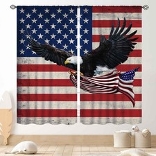 Flag Curtains, Rustic 4th of July Independece Day Flying Bald Eagle USA Stars...