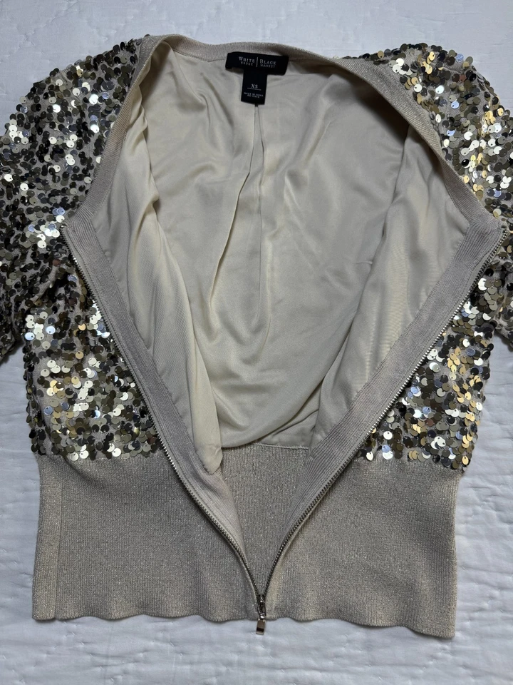 Suéter de mujer White House Black Market cremallera completa dorado lentejuelas manga larga XS Foto 3 de 4