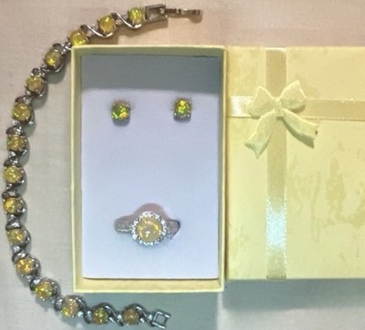 DEAL! Elegant Yellow Fire Opal Earrings, Bracelet, & CZ Halo Ring Size 8 Set