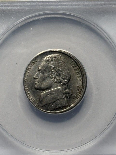 1999 D Jefferson 5C, MINT ERROR, Graded AU 50, MISALIGNED DIES, Off Center Hit.
