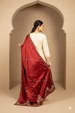 Sanskriti Vintage Red Satin Dupatta Long Stole Embroidered Zardozi Bridal Scarf