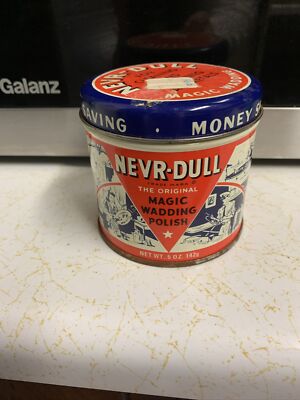 Vintage Antique Never Nevr-Dull Can Magic Wadding Polish Collectable Tin FULL