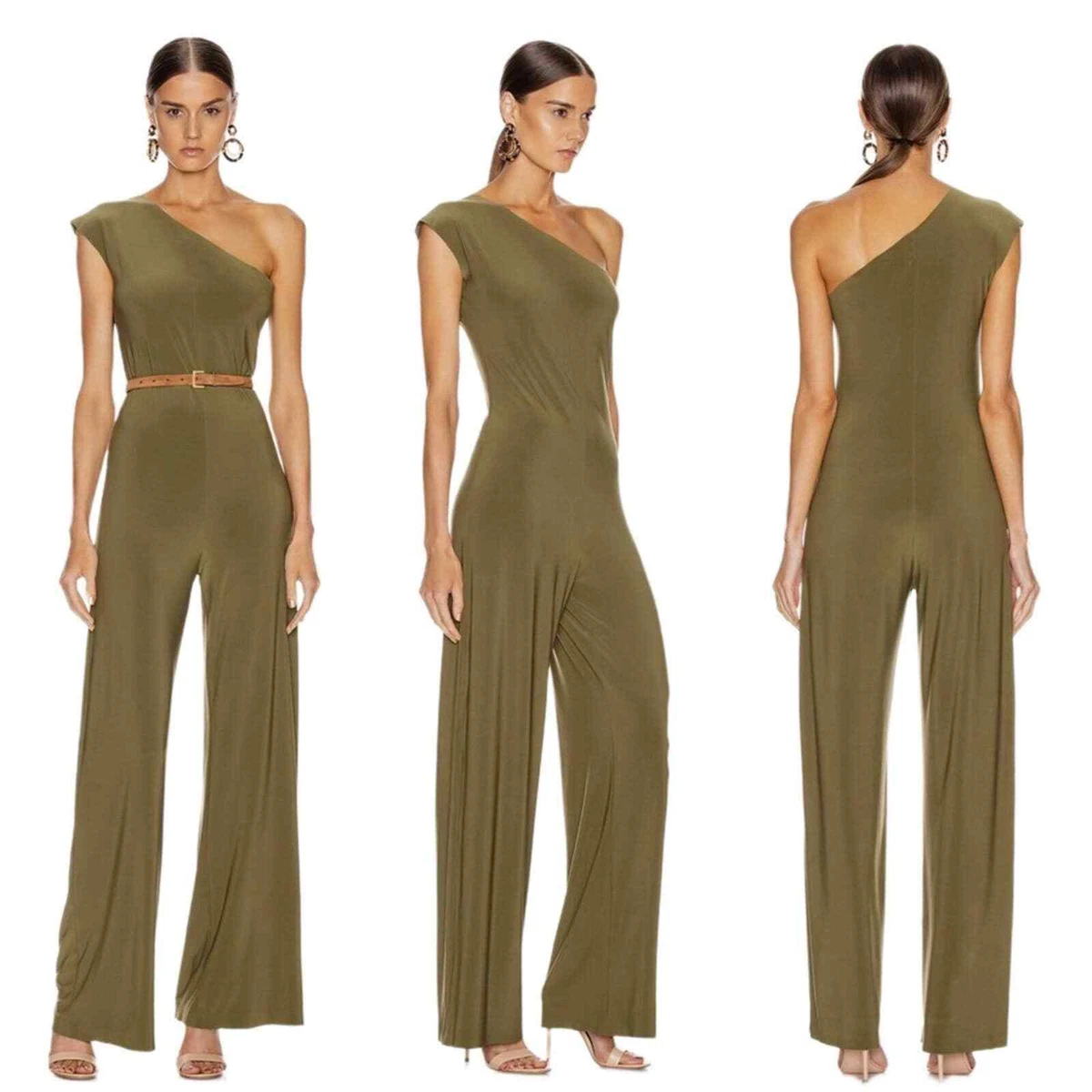 New Norma Kamali One Shoulder Jumpsuit Dark Khaki Wide Leg Jersey