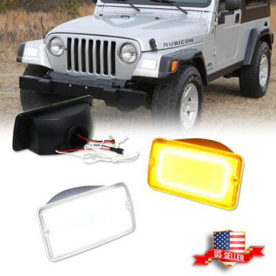 For 97-06 Jeep Wrangler TJ Clear Switchback LED Front Bumper DRL Signal Lights