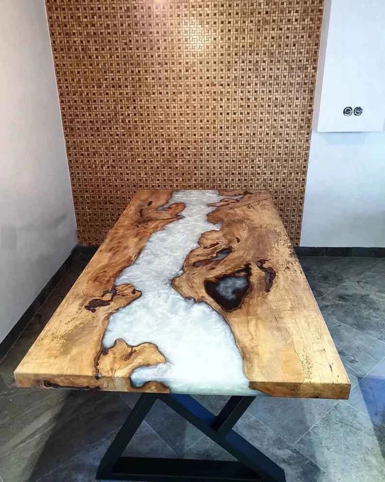 White Epoxy Resin River Table, Dining Table, Counter Top Live Edge Wooden Table - Image 3 of 4