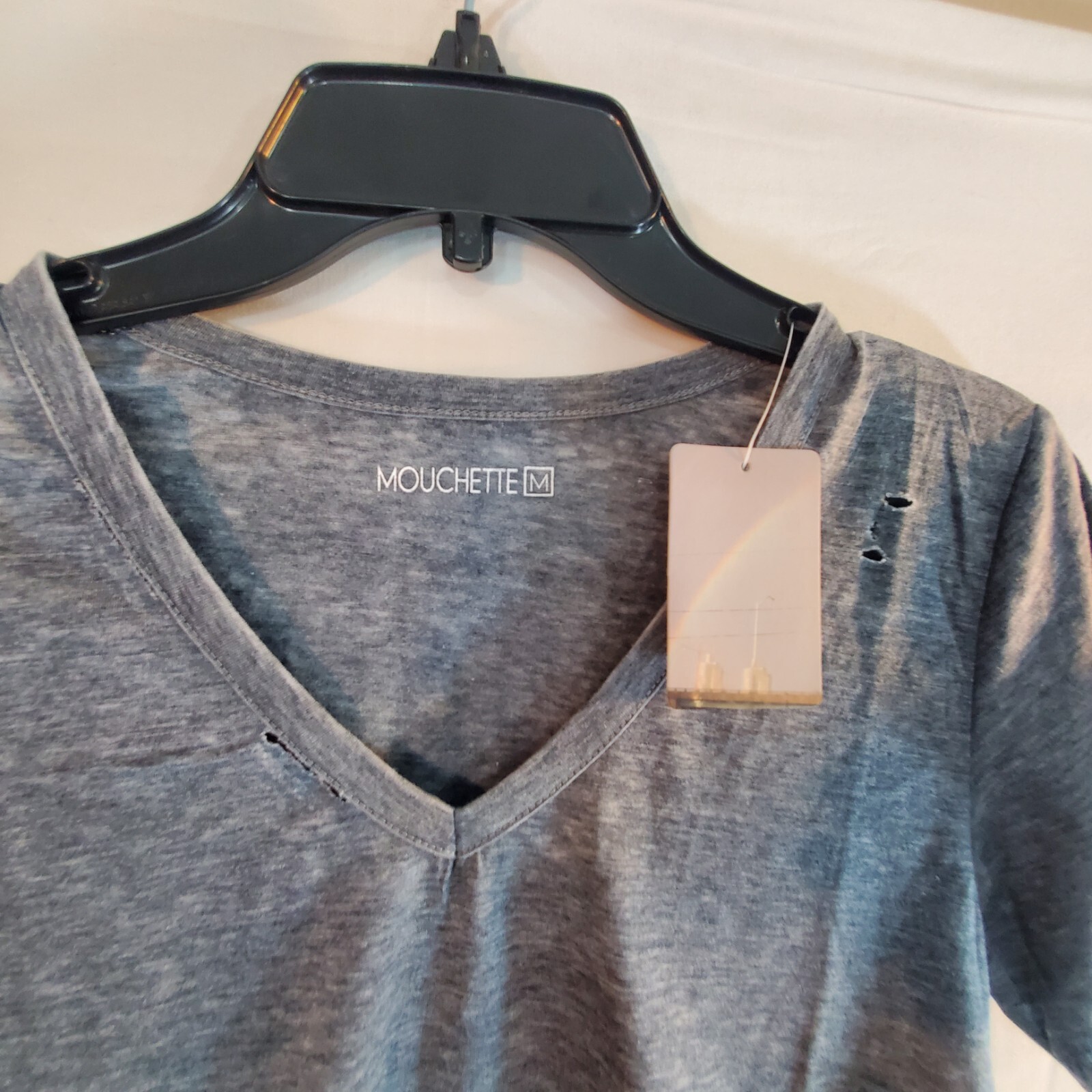 MOUCHETTE Women's Medium Shredded Boyfriend Tee Gray Short Sleeve Shirt