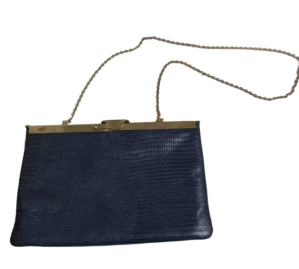 Vintage Etra Leather Clutch Blue Lizard Gold Chain Strap
