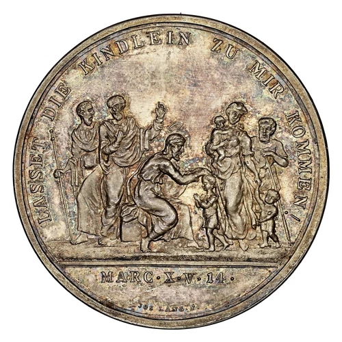 1820s, Austria. Silver Baptismal Medal by J.N. Lang, Vienna. Scarce! NGC MS-65!