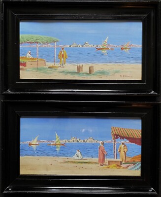 ORIGINAL PAAR ANFANG 20. JH. ARABISCHE MEERLANDSCHAFT AQUARELLE EBONISIERTE RAHMEN