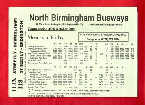 Busfahrplan - North Birmingham Busways - 113X Streetly - 118 Erdington - 2004