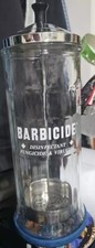 Tarro desinfectante de vidrio barbicida King Research, Inc. King peluquero vintage