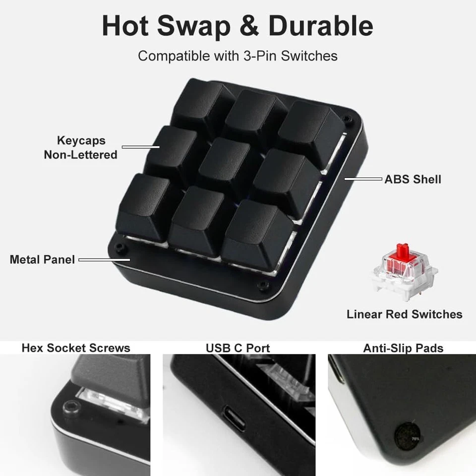 Teclado Macro Programable Tri-Modo 9 Teclas Inalámbrico 2.4G/Bluetooth 5.3/Con Cable USB-C Foto 4 de 4