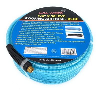 1/4'' X 50' Air Hose 50 FT Flexible Braid Roofing Clear Blue PVC NPT 300 PSI