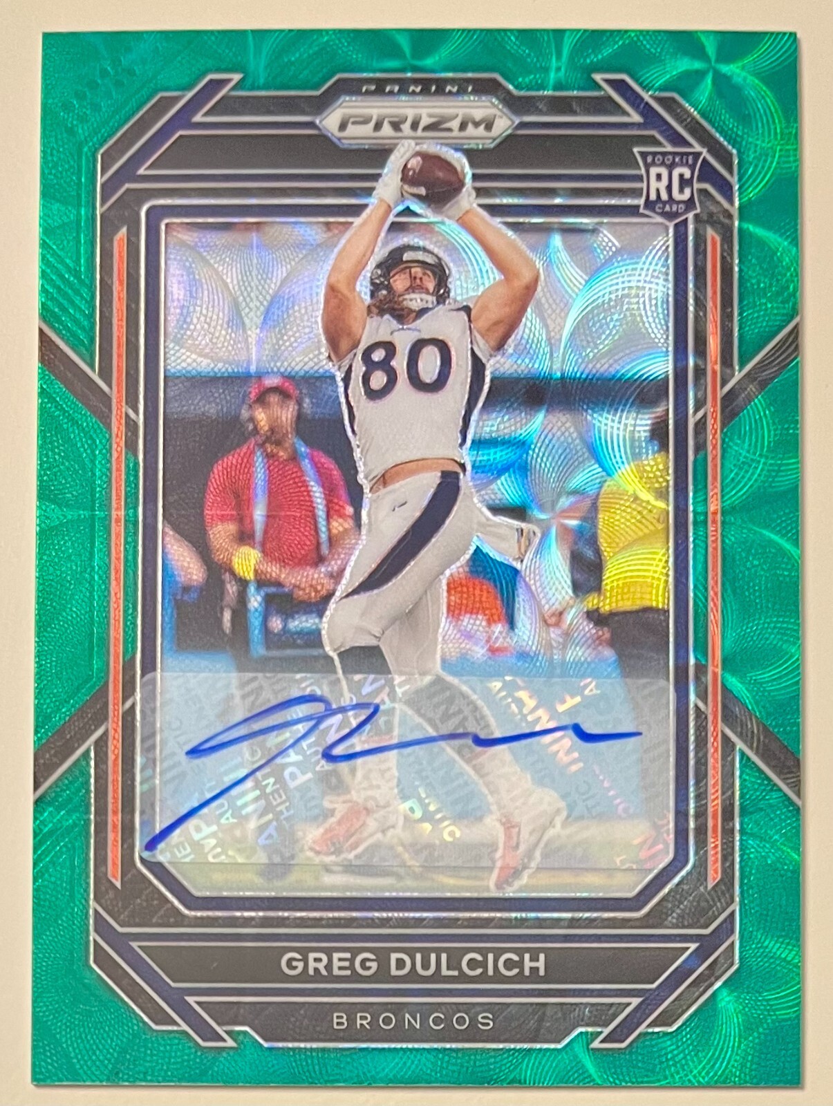 2022 Prizm GREEN SCOPE AUTO #360 Greg Dulcich RC /75 - UCLA 🔵🟡 - BRONCOS 🔵🟠