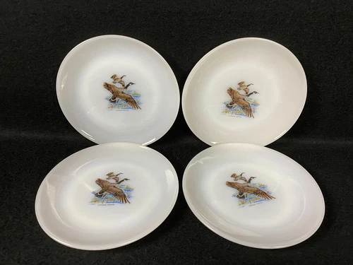 4 Vintage Fire King Game Bird Canada Goose White Milk Glass Bread Plates 6 1/4"