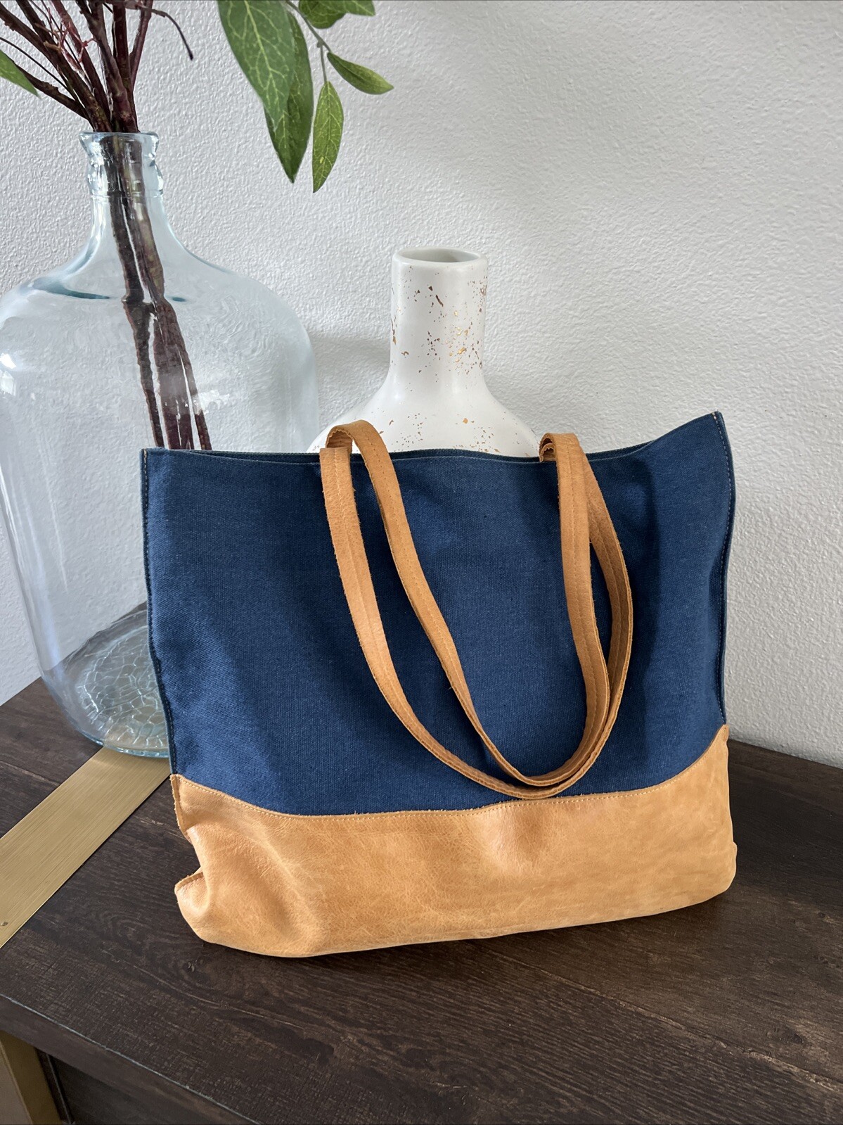 Hand and Hearth with Magnolia Tote Leather And Canvas Blue Handbag *EUC*