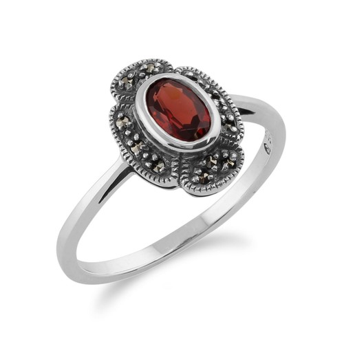 Art Déco Estilo Ovalado Granate Y Marcasita Anillo En 925 Plata de Ley - Imagen 2 de 4