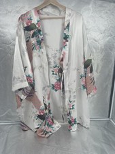 Womens White Satin Peacock Floral Japanese Kimono Robe Pink Teal Silk Boho