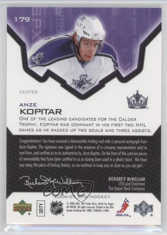 2006-07 SPx Rookie Auto Jersey /1299 Anze Kopitar #179 Rookie Auto RC - Image 2 of 2